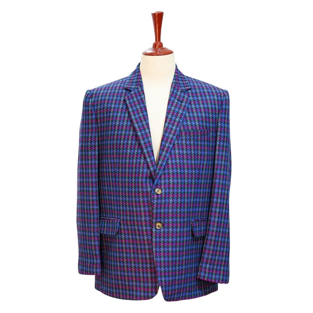 Mens Wool Sport Coat 44R Purple Blue Plaid Check Blazer 2 Button Wedding Party
